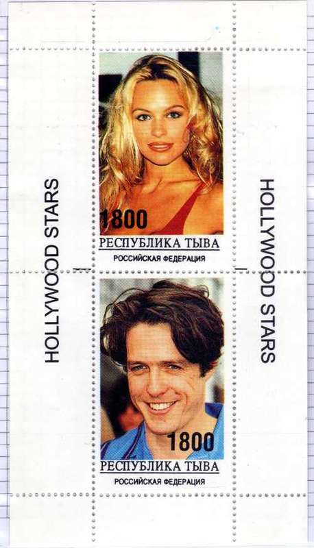 RUSSIAN STATE TUVA HOLYWOOD STARS - PAMELA ANDERSON, HUGH GRANT MINI SHEET MINT NOT HINGED.