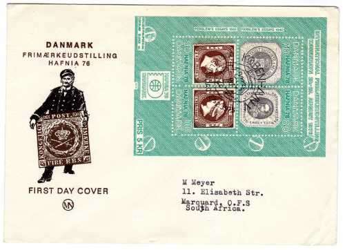 DENMARK 1975 "HAFNIA STAMP EXHIBITION" MINI SHEET ON F.D.C. SG MS 596. CAT FOR MS 6,75 POUNDS (2005)