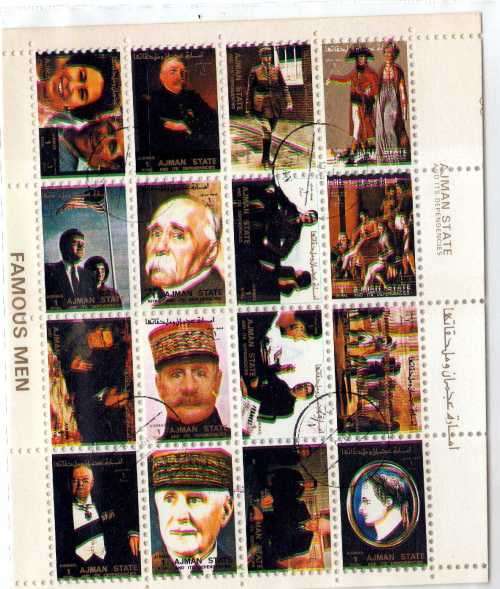 AJMAN 1973 AIRMAIL "FAMOUS MEN" MINI SHEET VFU. STAMP WORLD 3044-59. CAT $8,75 FOR UMM.