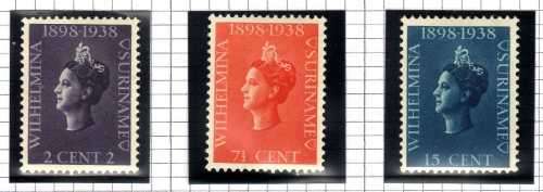 SURINAM 1938 40th ANNIV OF CORONATION OF QUEEN WILHELMINA SET OF 3 MM. SG 266-8. CAT £5,30 (2012)
