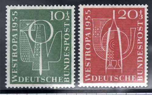 GERMANY WEST 1955 WEST EUROPEAN STAMP EXHIBITION SET OF 2 LMM. SG 1143-4. CAT 16 POUNDS. (2005)