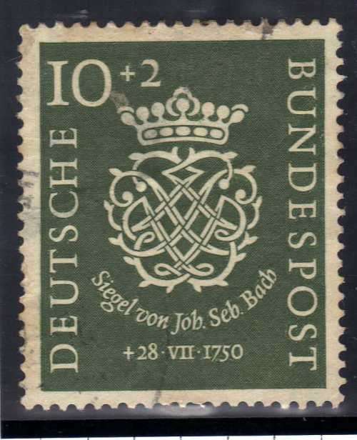 GERMANY WEST 1950 DEATH BICENT OF BACH 10 + 2 PF USED. SG 1043. Mi 121. CAT 50 EUROS. (2013/14)