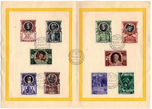 VATICAN CITY 1946, 1949 & 1953 STAMPS ON SPECIAL FOLDER WITH SPECIAL DATE STAMP.