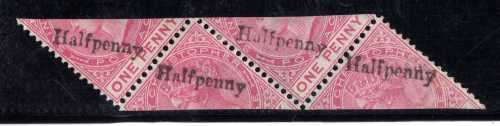 ST CHRISTOPHER 1885 1/2d ON HALF OF 1d CARMINE-ROSE MOUNTED & UMM IN STRIP OF 4. (2 PAIRS) SG 23a.