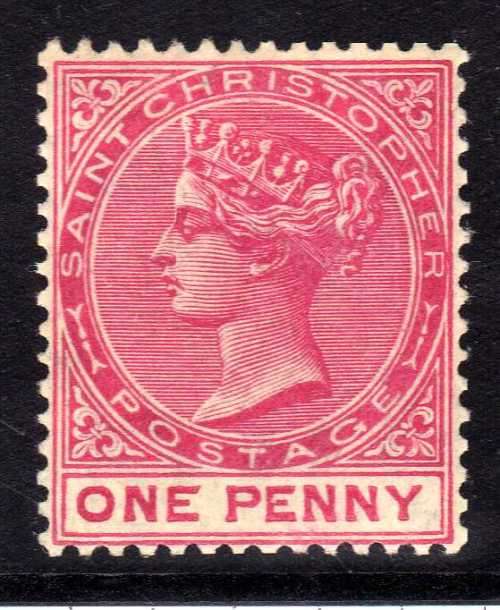 ST CHRISTOPHER 1882-90 1d CARMINE-ROSE LMM WITH DISTORTED "E" VAR. SG 13b. CAT 35 POUNDS. (2018)