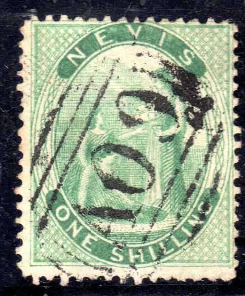 NEVIS 1867-76 DEFIN 1/- YELLOW-GREEN FINE USED. SG 14. CAT 110 POUNDS. (2018)