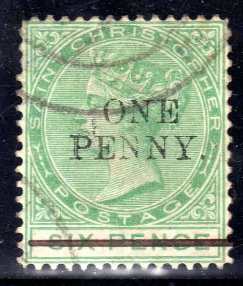 ST CHRISTOPHER 1886 DEFIN 1d ON 6d USED. SG 24. CAT 50 POUNDS. (2018)