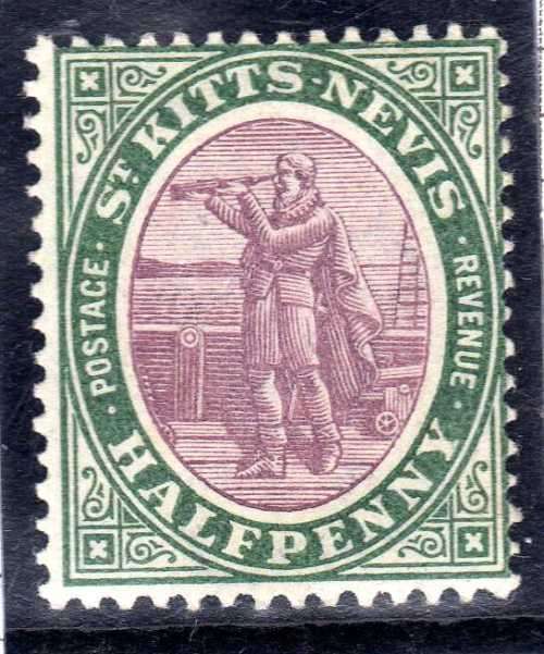 ST KITTS-NEVIS 1903 DEFIN 1/2d DULL PURPLE & DEEP GREEN LMM. WMK CROWN CA. SG 1. CAT 1,75 POUNDS.