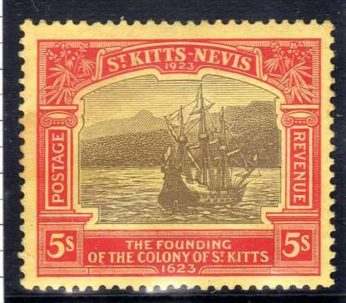 ST KITTS-NEVIS 1923 DEFIN 5/- BLACK & RED/PALE YELLOW VERY FINE LMM. SG 59. CAT 90 POUNDS. (2018)