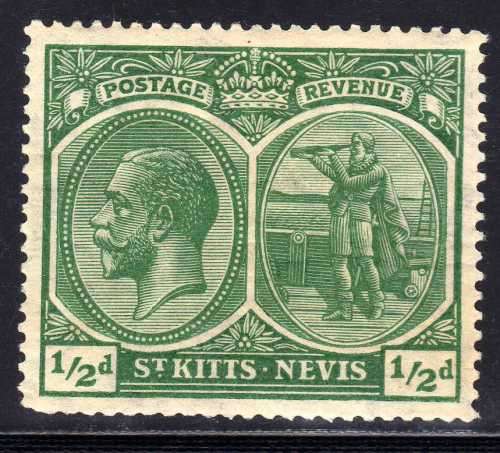 ST KITTS-NEVIS 1920-22 KGV DEFIN 1/2d MM. SG 24. CAT 3,75 POUNDS. (2018)