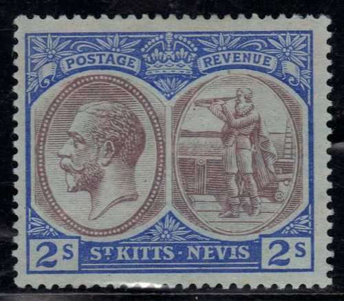 ST KITTS-NEVIS 1920-22 KGV 2/- DULL PURPLE & BLUE/BLUE MM. SG 32. CAT 27 POUNDS. (2018)