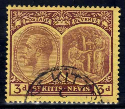 ST KITTS-NEVIS 1920-22 KGV 3d USED. SG 29. CAT 11 POUNDS. (2018)