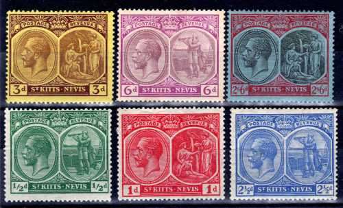 ST KITTS-NEVIS 1920-22 KGV SELECTION OF 6 MM. SG 24, 25, 28, 29, 30 & 33. CAT 25,75 POUNDS(2018)