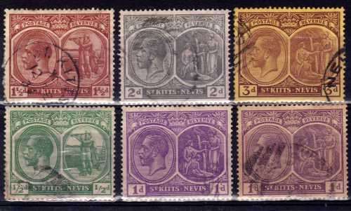 ST KITTS-NEVIS 1921-29 KGV SELECTION OF 6 USED. SG 37, 39, 39a, 40a, 41 & 45a. CAT 7,15 POUNDS(2018)