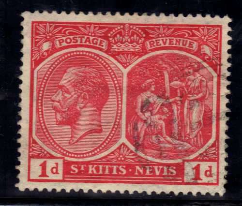 ST KITTS-NEVIS 1920-22 KGV 1d SCARLET VFU. SG 25. CAT 6 POUNDS. (2018)