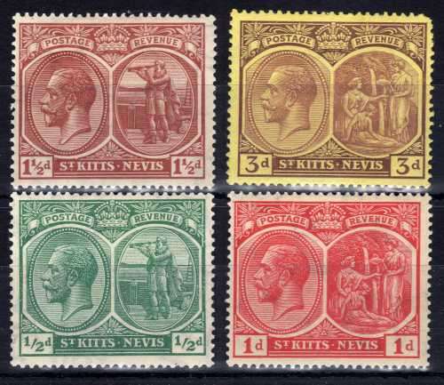 ST KITTS-NEVIS 1921-29 KGV SELECTION OF 4 MM. SG 37, 38, 40a & 45a. CAT 8,25 POUNDS. (2018)