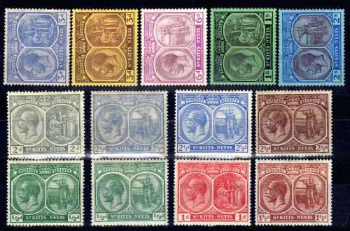 ST KITTS-NEVIS 1921-29 KGV SELECTION OF 13 MM. SG 37, 38, 40a-47. CAT 55 POUNDS. (2018)