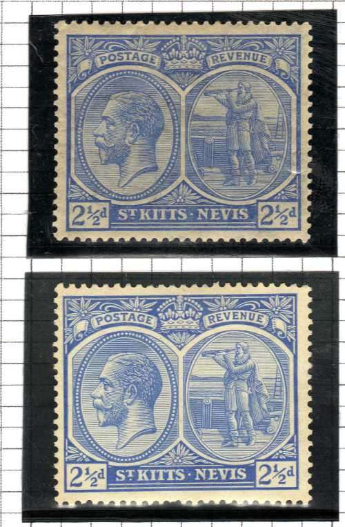 ST KITTS-NEVIS 1921-29 KGV 2,5d SHADES MM. SG 42 & 44. CAT 6 POUNDS. (2018)