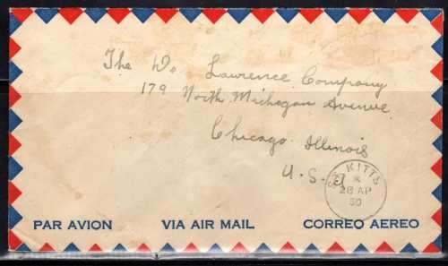 ST KITTS-NEVIS 1950 KGVI 1,5d STRIP OF 6 ON REVERSE OF AIR MAIL COVER TO CHICAGO. UNCOMMON. SG 70.