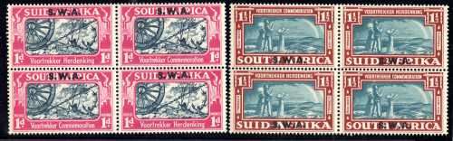 SOUTH WEST AFRICA 1938 VOORTREKKER COMMEM SET OF 2 IN BLOCKS OF 4 UMM. SACC 136-37. CAT R1500.