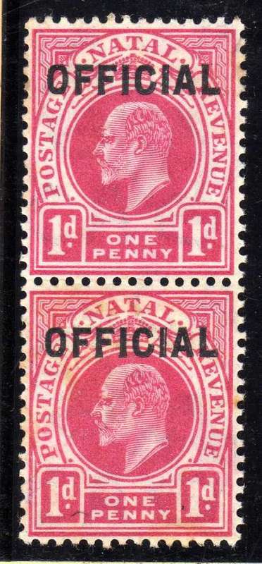 NATAL 1904 KEVII OFFICIAL STAMPS VERTICAL PAIR MOUNTED MINT. SACC 2. CAT R360.