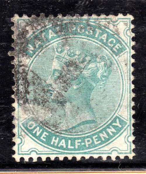 NATAL 1880 1/2d BLUE GREEN W/MARK CROWN CC GOOD USED. SACC 93. CAT R140 (SACC 2019-20).