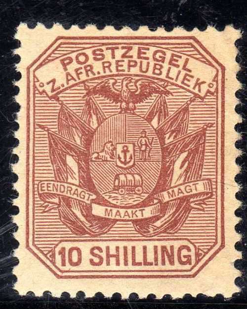 TRANSVAAL 1895 DEFIN 10/- LMM MINOR BENDS. SACC 218. CAT R500. (2019/20)