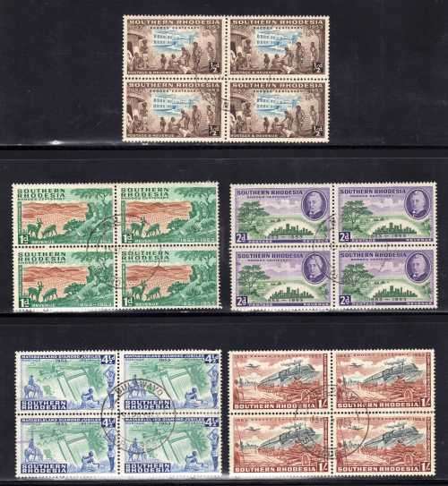 SOUTHERN RHODESIA 1953 "RHODES BIRTH CENT" SET OF 5 IN BLOCKS OF 4 VFU SG 71-5. CAT 30 POUNDS (2018)