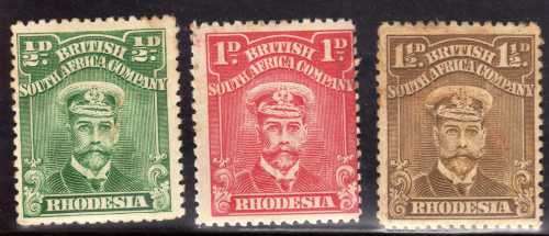 RHODESIA 1913 ADMIRAL 1/2d, 1d & 1,5d MINT BUT SOME STAINING. SG 187, 192, 198. CAT 18 POUNDS.