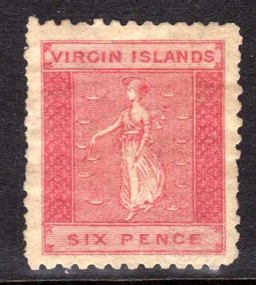 BRITISH VIRGIN ISLANDS 1866 6d ROSE-RED PERF 12 NO WMK FINE MOUNTED MINT. SG 7. CAT 60 POUNDS (2018)