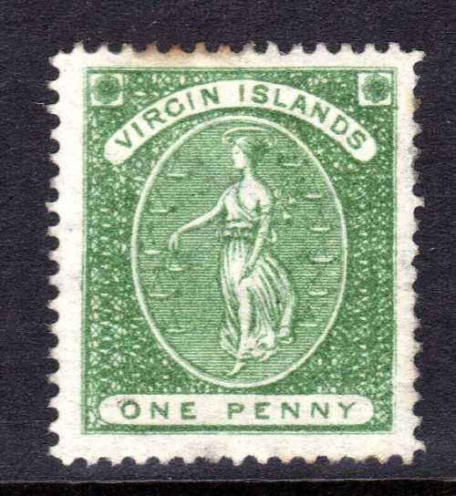 BRITISH VIRGIN ISLANDS 1878 1d GREEN PERF 14 WMK CROWN CC FINE MM. SG 22. CAT 85 POUNDS (2018)