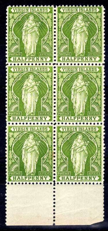 BRITISH VIRGIN ISLANDS 1899 DEFIN 1/2d YELLOW-GREEN UMM BLOCK OF 6. SG 43. CAT 24 POUNDS. (2018)