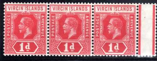BRITISH VIRGIN ISLANDS 1913-19 KGV 1d RED MARGINAL STRIP OF 3 SUPERB UMM. SG 70. CAT 27 GBP (2018)