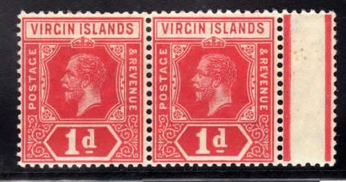 BRITISH VIRGIN ISLANDS 1913-19 KGV 1d RED MARGINAL PAIR SUPERB UMM. SG 70. CAT 18 GBP (2018)