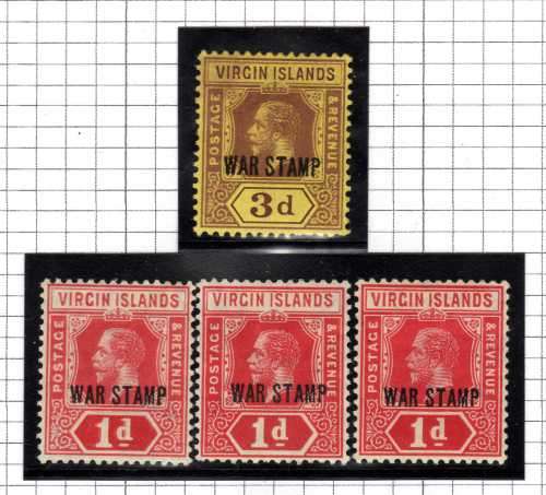 BRITISH VIRGIN ISLANDS 1916-19 KGV WAR STAMPS 1d x 3 SHADES & 3d MM. SG 78-79.