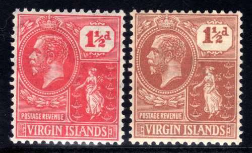 BRITISH VIRGIN ISLANDS 1922-8 KGV DEFIN 1,5d BOTH SHADES MM. SG 90 & 91. CAT 4,25 POUNDS (2018)