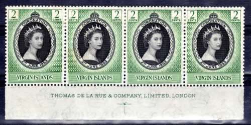 BRITISH VIRGIN ISLANDS 1953 QEII CORONATION INSCRIPTIONAL STRIP OF 4 MM. SG 148. CAT 1,20 GBP (2018)