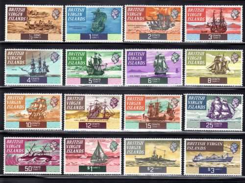 BRITISH VIRGIN ISLANDS 1970 SHIPS DEFIN SHORT SET OF 16 TO $3 VERY FINE UMM. SG 240-55.