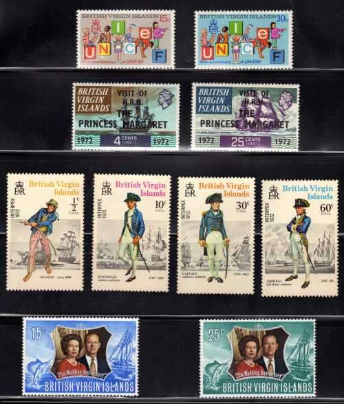 BRITISH VIRGIN ISLANDS 1970-72 4 MINT SETS.  SG 267-76. CAT 4,05 GBP. (2012)