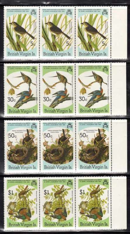 BRITISH VIRGIN ISLANDS 1985 AUDUBON "BIRDS" SET OF 4 IN STRIPS OF 3 UMM. SG 588-91. CAT 4,50 GBP++