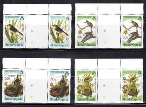 BRITISH VIRGIN ISLANDS 1985 AUDUBON "BIRDS" SET OF 4 IN HORIZONTAL GUTTER PAIRS UMM. SG 588-91.