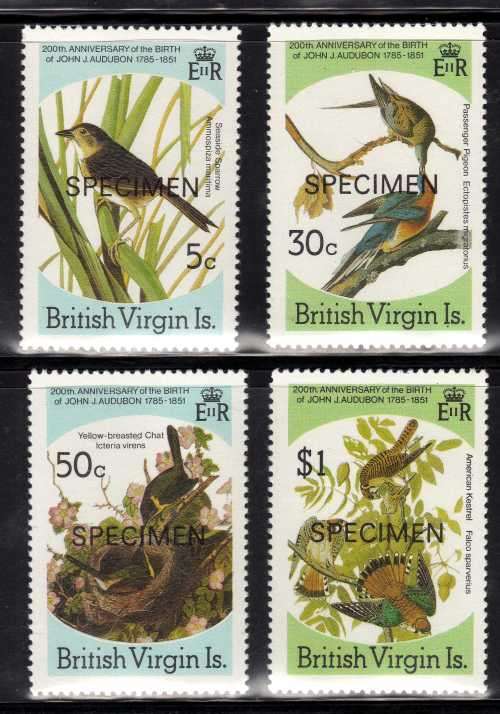 BRITISH VIRGIN ISLANDS 1985 AUDUBON BICENT "BIRDS" SPECIMEN SET OF 4 UMM. SG 588-91.
