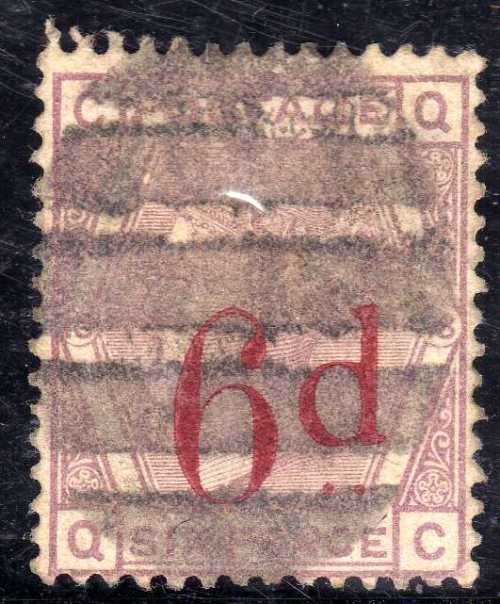 GREAT BRITAIN 1880-83 6d ON 6d LILAC PLATE 18 GOOD STRUCTURE BUT HEAVY CANCEL. SG 162. CAT 150 GBP.