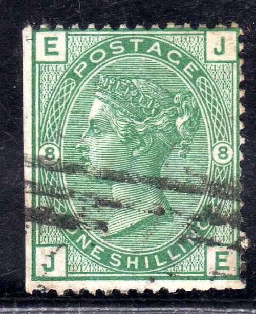 GREAT BRITAIN 1873-80 1/- GREEN PLATE 8 FINE USED. SG 150. CAT 175 POUNDS. (2018)