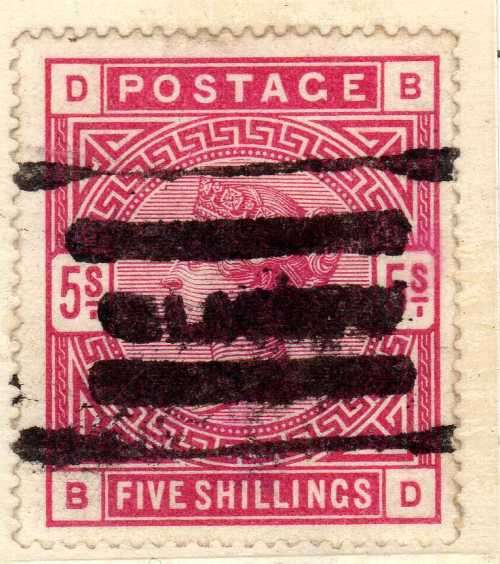 GREAT BRITAIN 1883 5/- ROSE USED WITH HEAVY PARCEL CANCEL. SG 180. CAT 250 POUNDS. (2018)