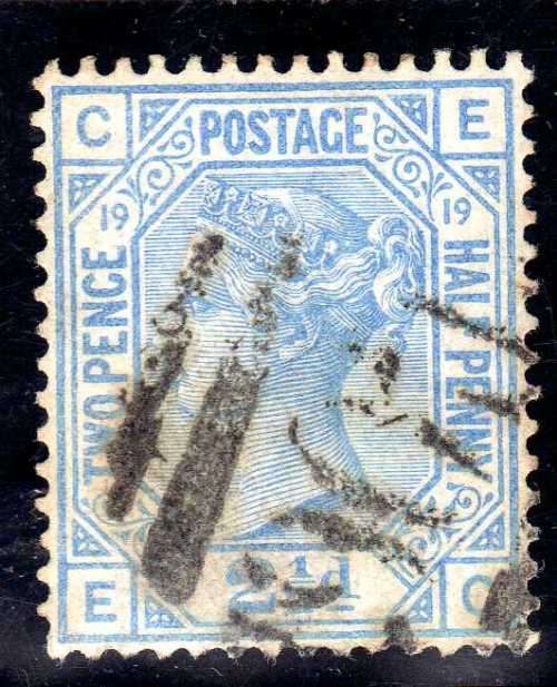 GREAT BRITAIN 1873-80 2,5d BLUE PLATE 19 FINE USED. SG 142. CAT 55 POUNDS.(2018)
