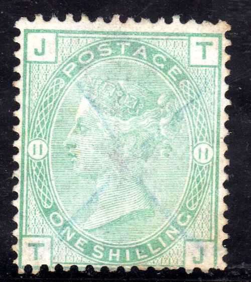 GREAT BRITAIN 1873-80 DEFIN 1/- GREEN PLATE 11 LIGHT MANUSCRIPT CANC. SG 150. CAT 175 POUNDS. (2018)