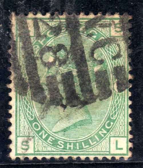 GREAT BRITAIN 1873-80 DEFIN 1/- GREEN GOOD PERFS BUT HEAVY CANCEL. SG 150. CAT 160 POUNDS. (2018)