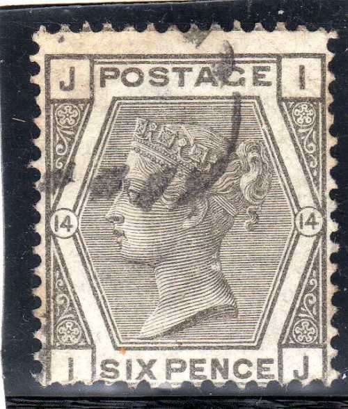 GREAT BRITAIN 1873-80. 6d GREY PLATE 14 FINE USED. SG 147. CAT 90 POUNDS. (2018)