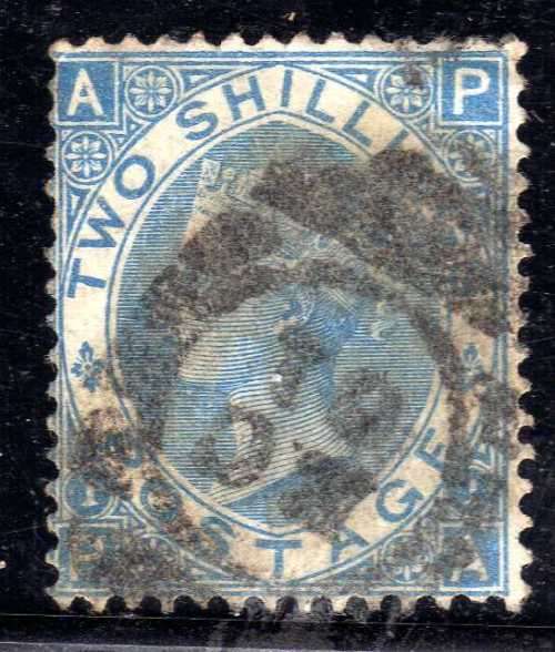 GREAT BRITAIN 1867-80 2/- MILKY BLUE GOOD USED HEAVY CANCEL. SG 120b. CV 225 POUNDS. (2018)